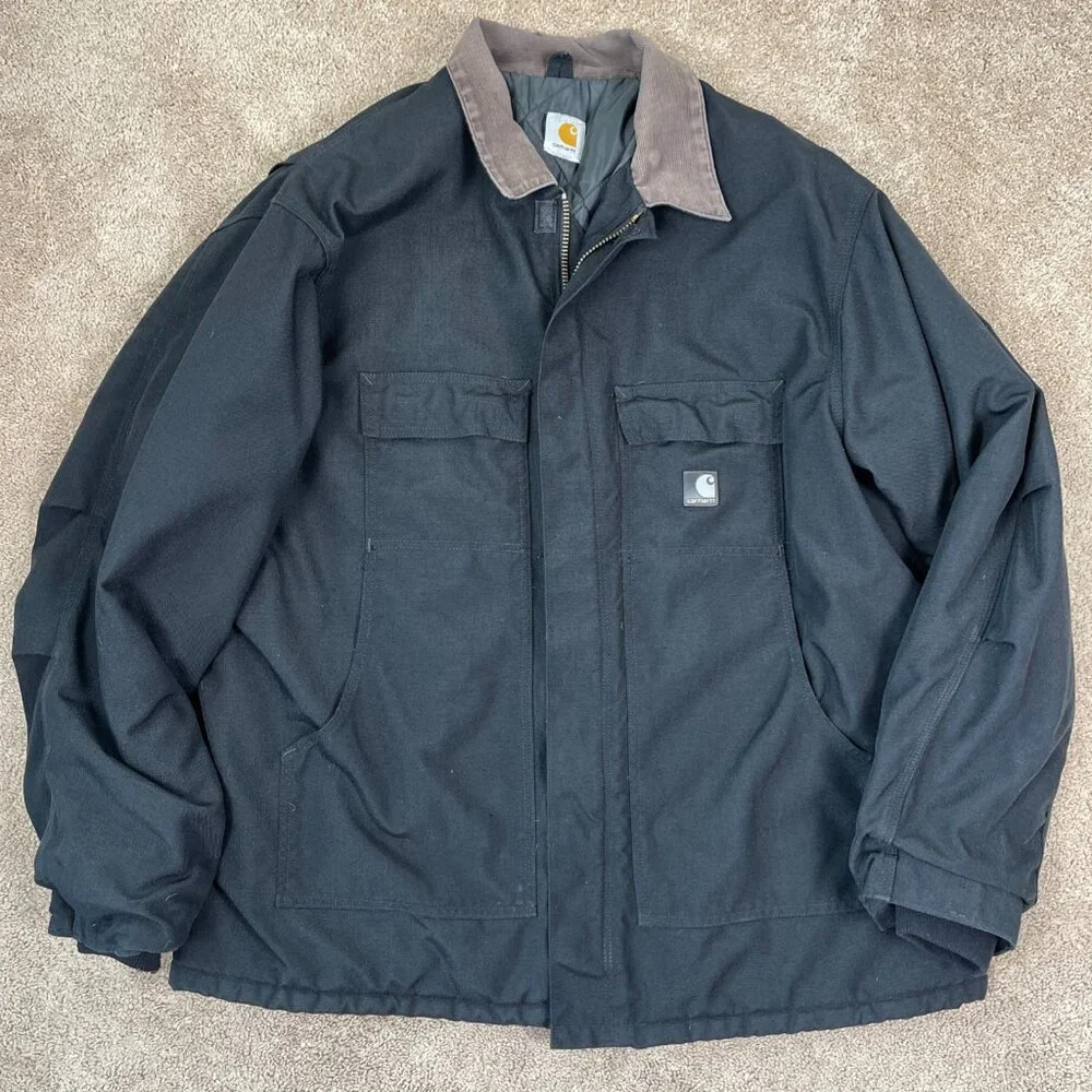 Carhartt Jacket Men XXL Black Duck Lined Corduroy Collar Barn Coat Chore Vintage